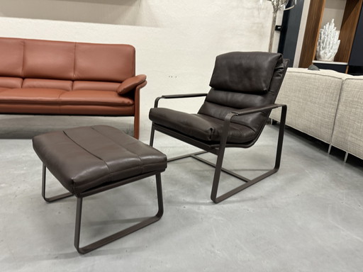 Leolux Indra Armchair With Footstool Brown Arkadia Leather