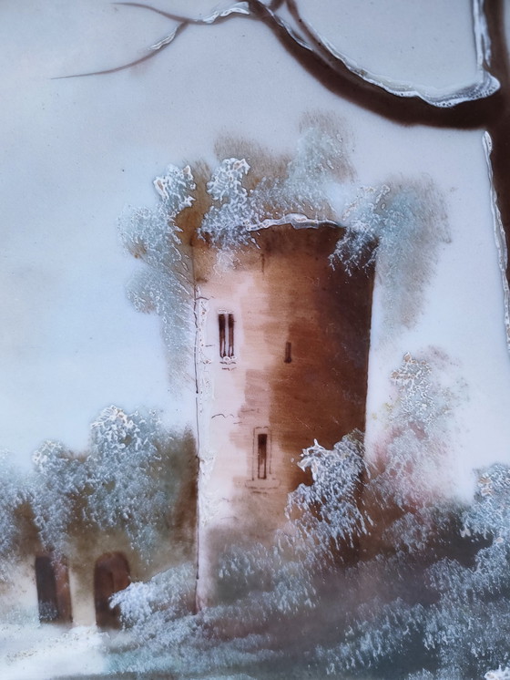 Image 1 of Large Decorative Plate Tower Winter Landscape Early 20th century