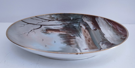 Image 1 of Large Decorative Plate Tower Winter Landscape Early 20th century