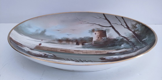 Image 1 of Large Decorative Plate Tower Winter Landscape Early 20th century