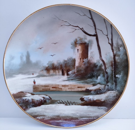 Large Decorative Plate Tower Winter Landscape Early 20th century