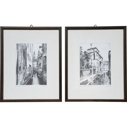 Pair of vintage wood and glass screen prints by Nicholas d'Amico, 1980