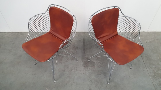 Image 1 of 2 Design Wire Chairs Chrome With Cognac Seat Pads