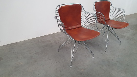 Image 1 of 2 Design Wire Chairs Chrome With Cognac Seat Pads