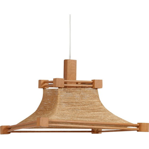 Vintage wooden and rope pendant lamp, 1960