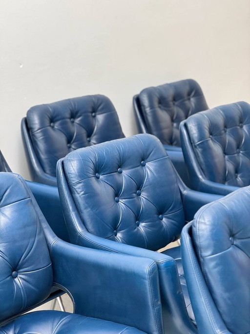 Set of 6: Swiss Mid - Century Chairs in Blue Leather with Velcro Cushions, 1960s