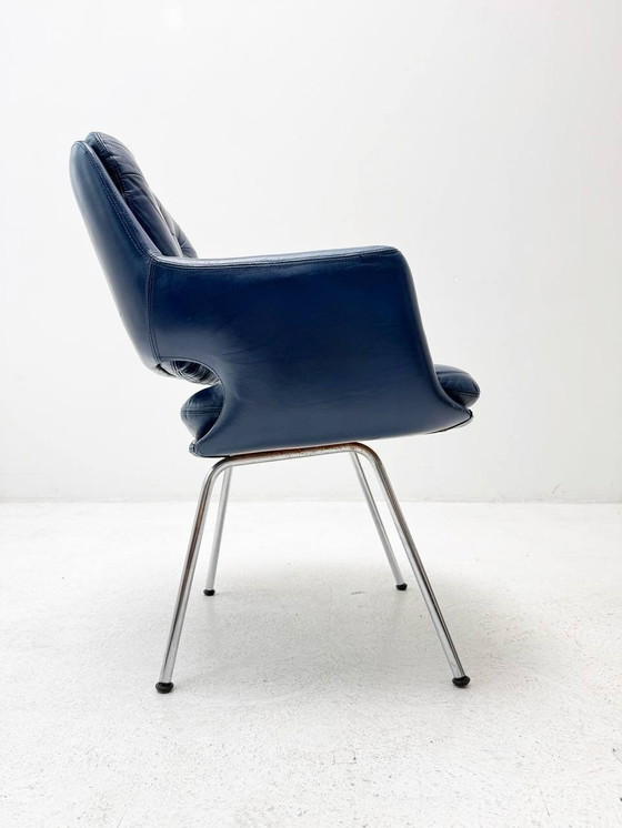 Image 1 of Set of 6: Swiss Mid - Century Chairs in Blue Leather with Velcro Cushions, 1960s