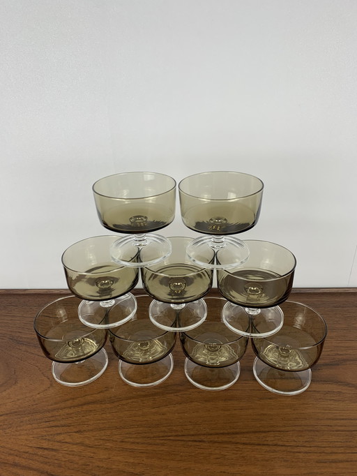 Set Of 9 Smoked Glass Champagne / Dessert Glasses -  1970