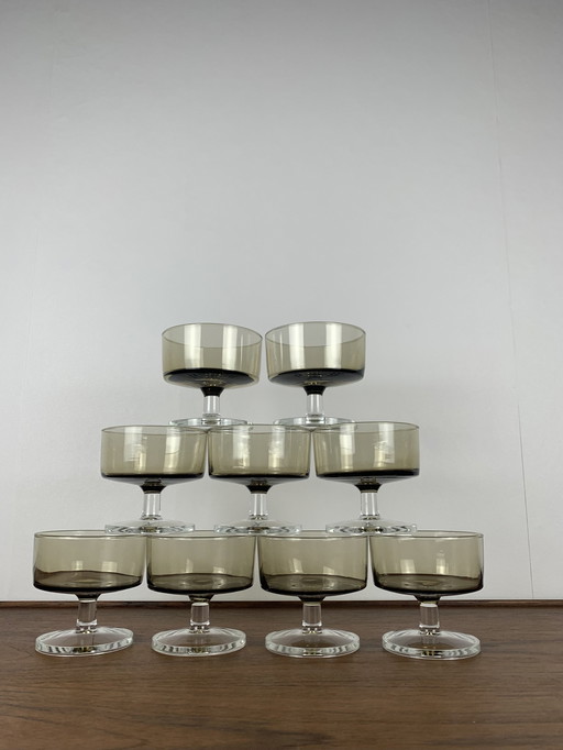 Set Of 9 Smoked Glass Champagne / Dessert Glasses -  1970