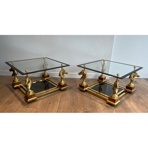 Pair of vintage square brass horsehead sofa ends by Maison Charles, 1970