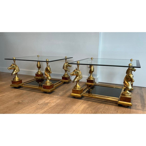 Image 1 of Pair of vintage square brass horsehead sofa ends by Maison Charles, 1970