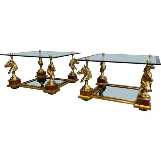 Pair of vintage square brass horsehead sofa ends by Maison Charles, 1970