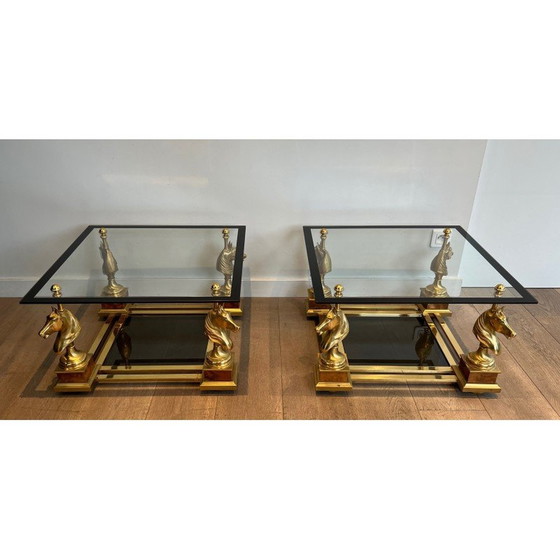 Image 1 of Pair of vintage square brass horsehead sofa ends by Maison Charles, 1970