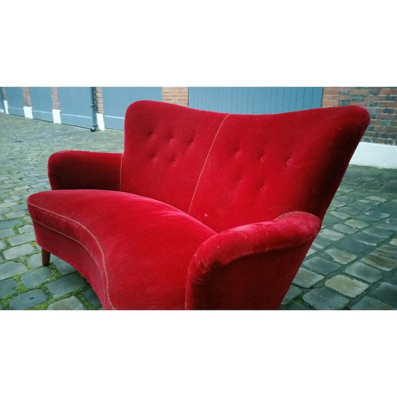 Image 1 of 2 seater Scandinavian sofa in red velvet fabric and wood, Carl MALMSTEN - 1950s