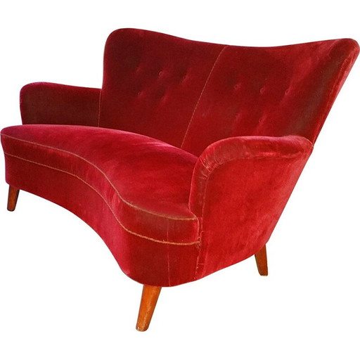 2 seater Scandinavian sofa in red velvet fabric and wood, Carl MALMSTEN - 1950s