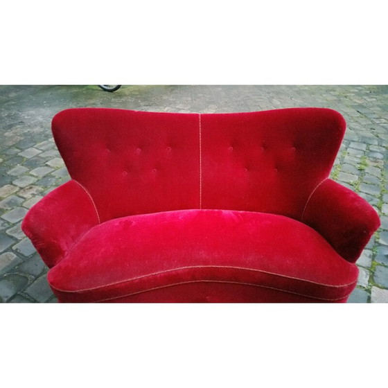 Image 1 of 2 seater Scandinavian sofa in red velvet fabric and wood, Carl MALMSTEN - 1950s