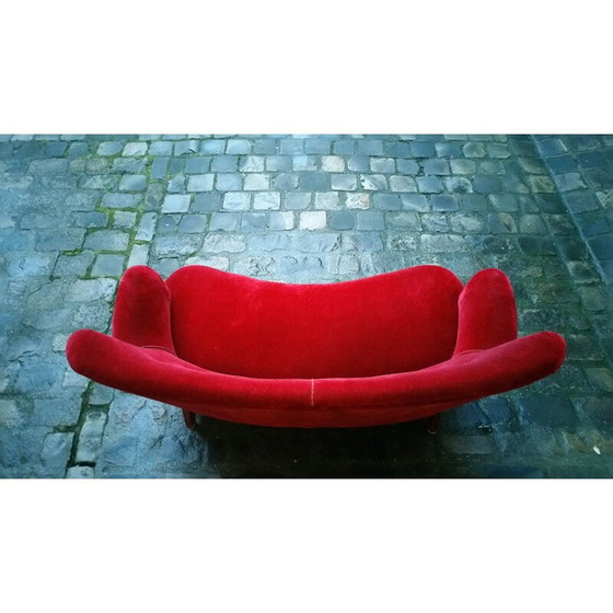 Image 1 of 2 seater Scandinavian sofa in red velvet fabric and wood, Carl MALMSTEN - 1950s