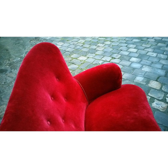 Image 1 of 2 seater Scandinavian sofa in red velvet fabric and wood, Carl MALMSTEN - 1950s