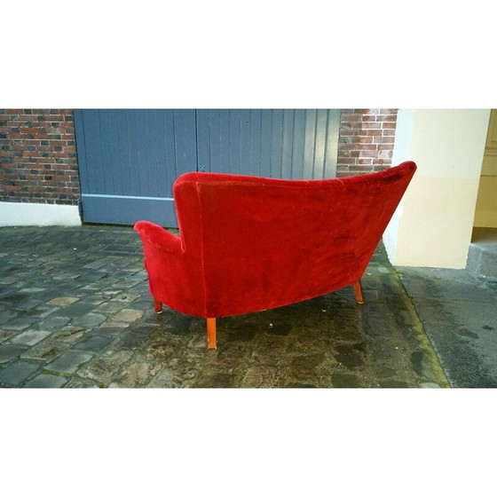 Image 1 of 2 seater Scandinavian sofa in red velvet fabric and wood, Carl MALMSTEN - 1950s