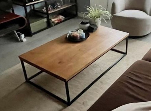 Oak coffee table, 'Table Du Sud, black metal frame