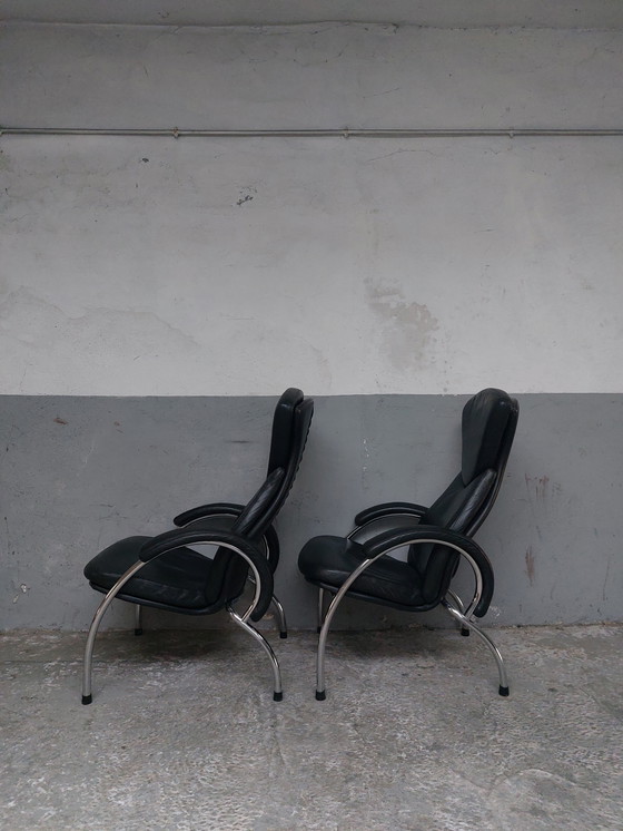 Image 1 of Black Leather Chrome Armchairs 80'