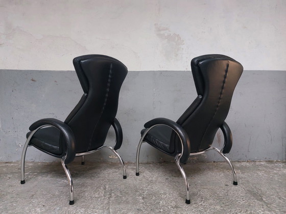 Image 1 of Black Leather Chrome Armchairs 80'