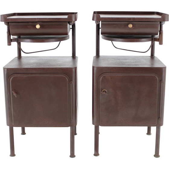 Image 1 of Pair of vintage industrial bedside tables with sliding table, Czechoslovakia 1940