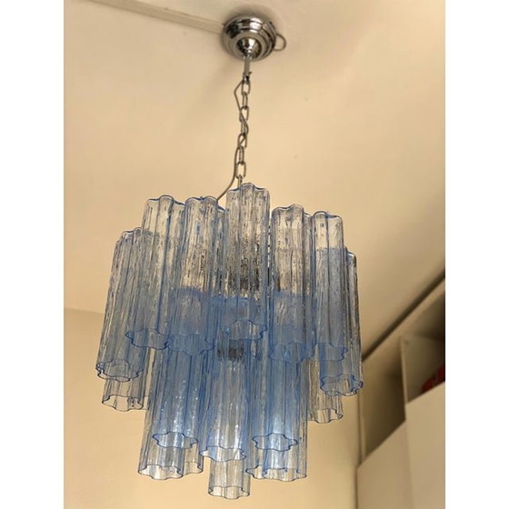 Image 1 of Contemporary Blue “Tronchi” Murano Glass Chandelier In Venini Style