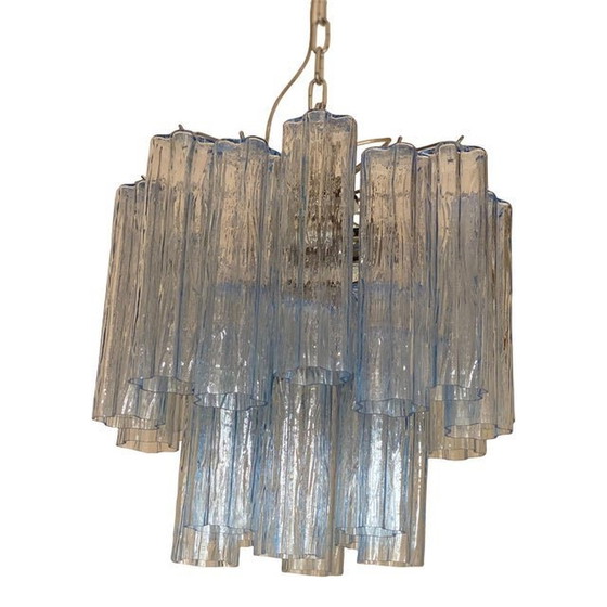 Image 1 of Contemporary Blue “Tronchi” Murano Glass Chandelier In Venini Style