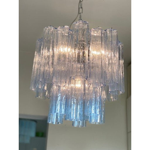 Contemporary Blue “Tronchi” Murano Glass Chandelier In Venini Style