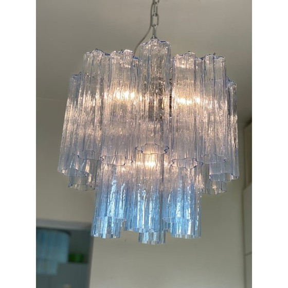 Image 1 of Contemporary Blue “Tronchi” Murano Glass Chandelier In Venini Style