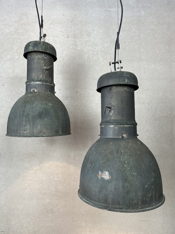 Image 1 of 2x industrial pendant lamps - copper and mirror glass