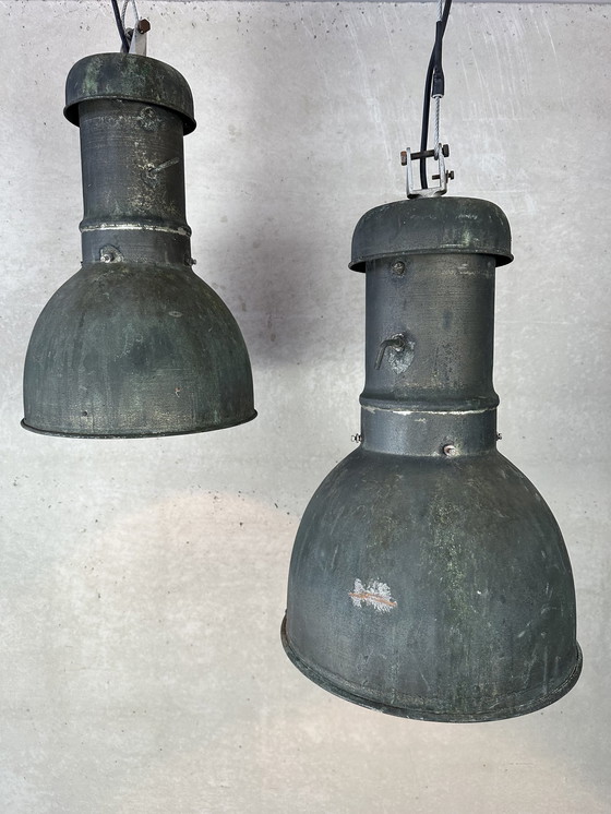 Image 1 of 2x industrial pendant lamps - copper and mirror glass