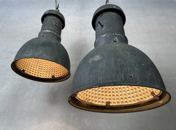 Image 1 of 2x industrial pendant lamps - copper and mirror glass