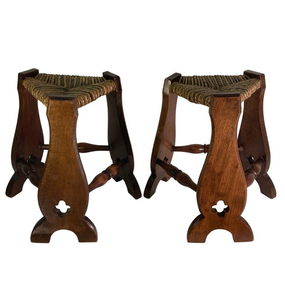 Image 1 of 2X Brutalist Neo-Gothic Rush Oak Tripod Stools, France, 1960S