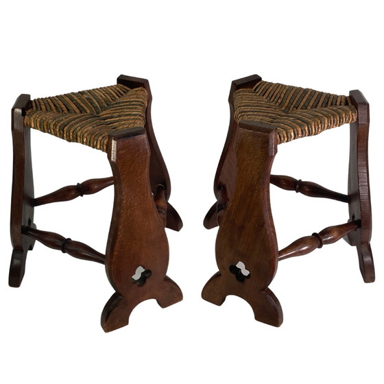 Image 1 of 2X Brutalist Neo-Gothic Rush Oak Tripod Stools, France, 1960S