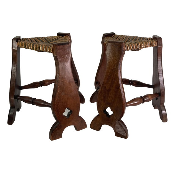 Image 1 of 2X Brutalist Neo-Gothic Rush Oak Tripod Stools, France, 1960S