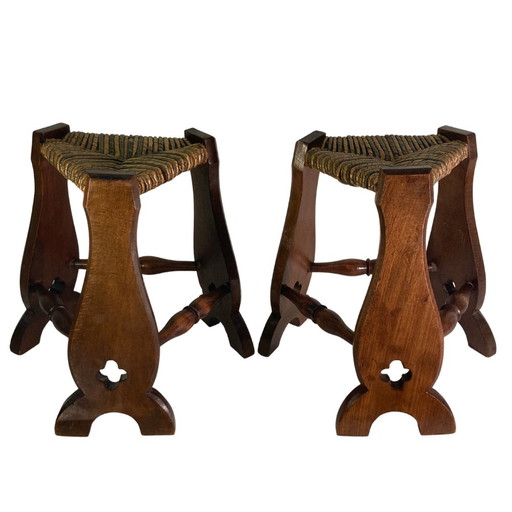 2X Brutalist Neo-Gothic Rush Oak Tripod Stools, France, 1960S