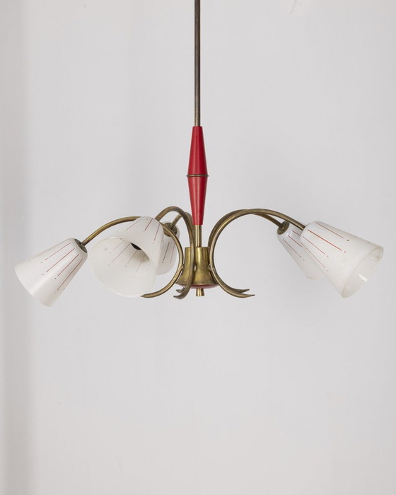 Image 1 of Lampadario vintage in metallo rosso e vetro, design italiano, anni '60 