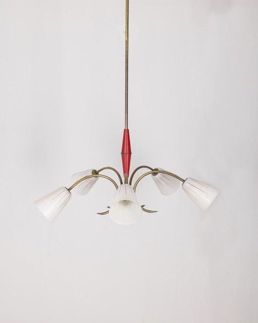 Vintage 1960S Red Metal And Glass Chandelier Italian Design 