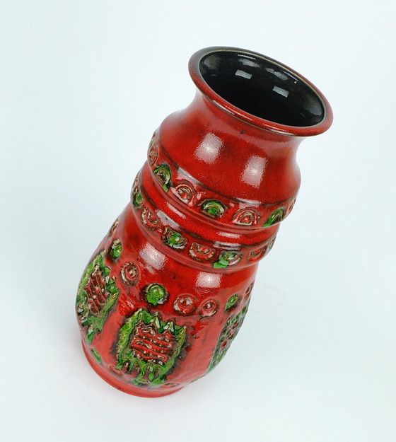 Image 1 of 1960s u-keramik vase model 1400/30 vibrant red and green relief decor