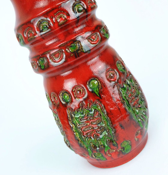 Image 1 of 1960s u-keramik vase model 1400/30 vibrant red and green relief decor