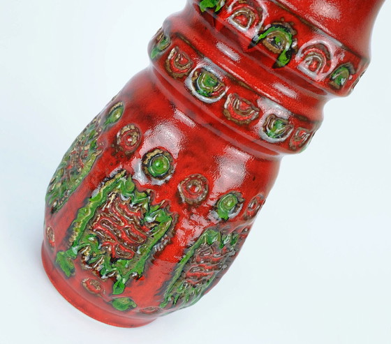 Image 1 of 1960s u-keramik vase model 1400/30 vibrant red and green relief decor