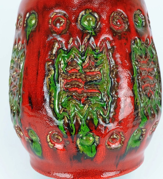 Image 1 of 1960s u-keramik vase model 1400/30 vibrant red and green relief decor