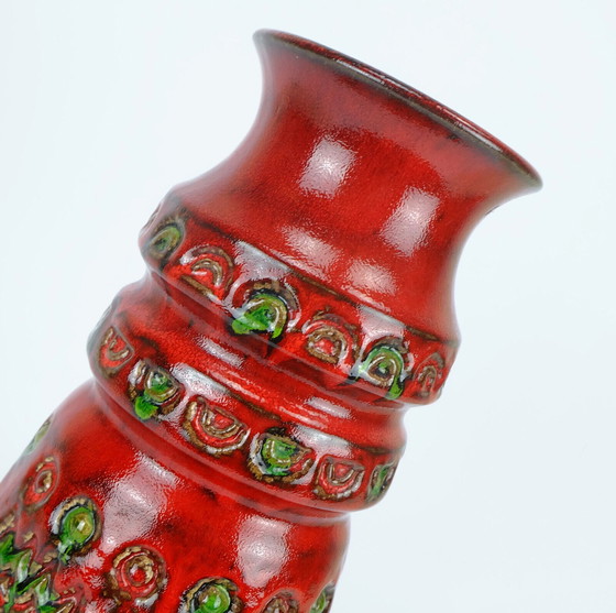 Image 1 of 1960s u-keramik vase model 1400/30 vibrant red and green relief decor