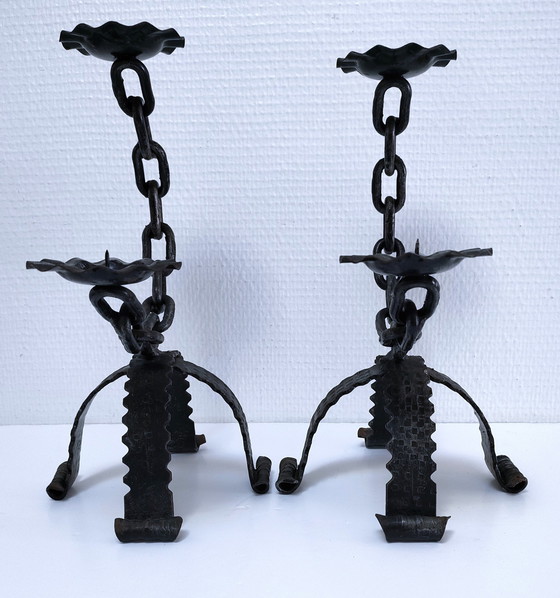 Image 1 of Pair of Brutalist Chain Candleholders Wrought Iron 60s