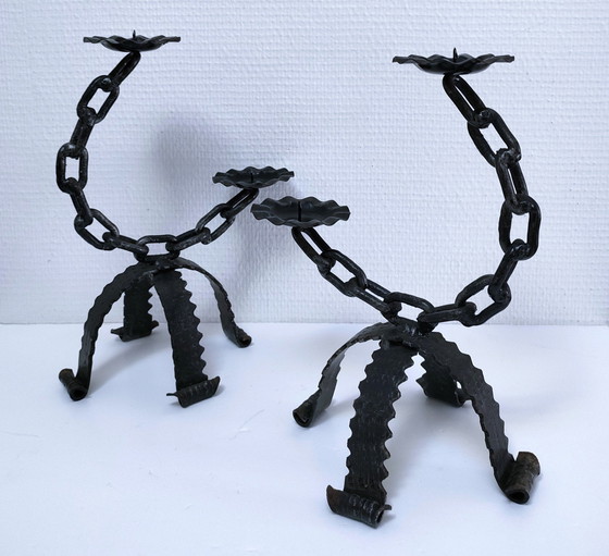 Image 1 of Pair of Brutalist Chain Candleholders Wrought Iron 60s