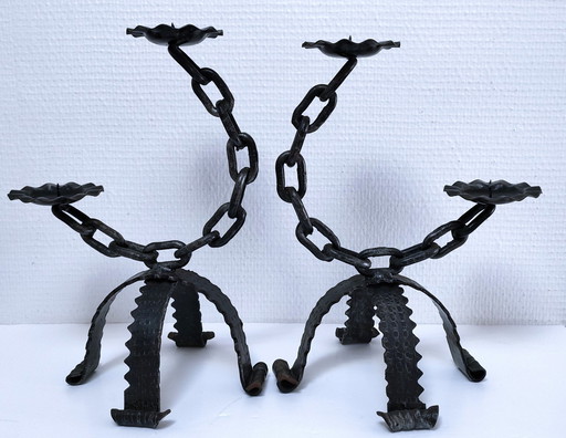 Pair of Brutalist Chain Candleholders Wrought Iron 60s