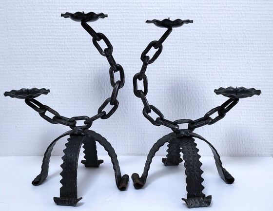 Image 1 of Pair of Brutalist Chain Candleholders Wrought Iron 60s