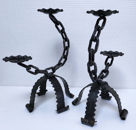 Image 1 of Pair of Brutalist Chain Candleholders Wrought Iron 60s